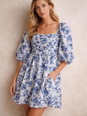 Blue Floral Square-Neck Puff Sleeve Dress